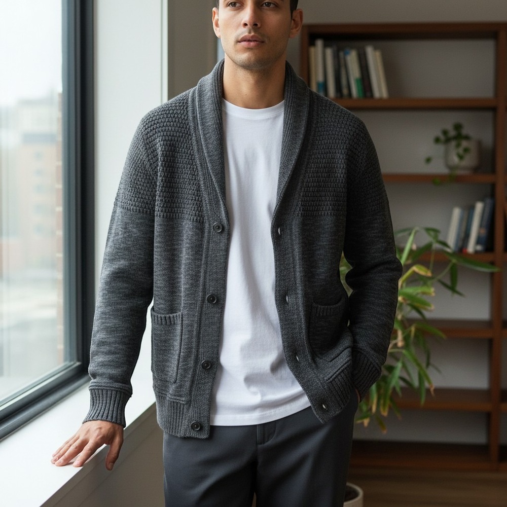 Apt. 9 Shawl Collar Cardigan Mens Large Charcoal Grey Textured Button Sweater